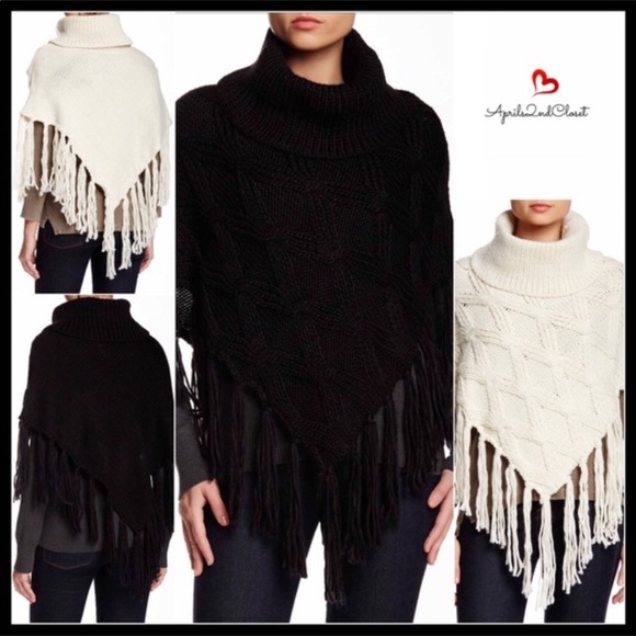 BLACK PONCHO PULLOVER FRINGE CAPE SWEATER A3C - Picture 7 of 7